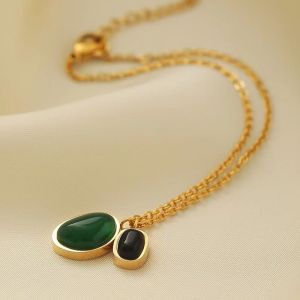 GL 18K gold stainless steel Green agate double pendant design Necklace N8327