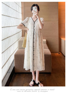 เดรสชีฟองยาวคอวีพิมพ์ลายแฟชั่นเสื้อสตรีมีครรภ์สไตล์เกาหลี