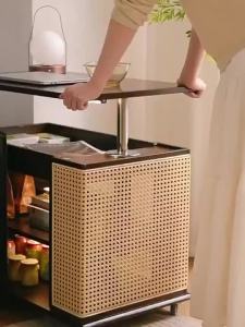 Solid Wood Coffee Table with Lift Top and Wheels Movable Side Cabinet Rolling Cart for Living Room