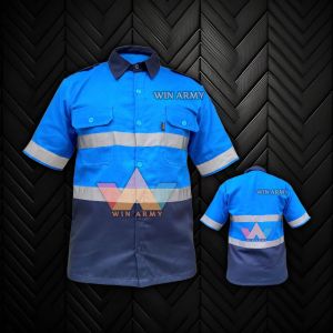 Wearpack Atasan Kerja / Seragam Lapangan Kombinasi Biru Navy Pakai Skotlight 4 cm Terbaru Kemeja Wearpack Atasan Lengan Pendek/ Baju safety