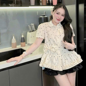 Set tiểu thư mặc hè áo babydoll cổ sen in tim đính nơ to phối bèo kèm chân váy có quần trong