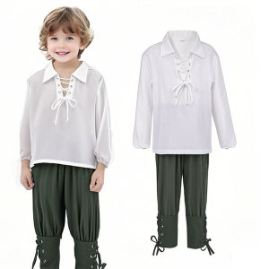 Halloween Kids Renaissance Vintage Pirate Cosplay Costume Set Boys Medieval Pirate Knights Lacing Up Shirt Pants Viking Costumes