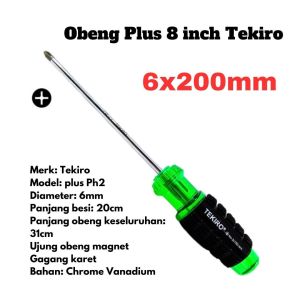 Obeng Plus 8 inch Tekiro Diameter 6mm Ph2 Panjang Besi 20cm Magnet Gagang Karet