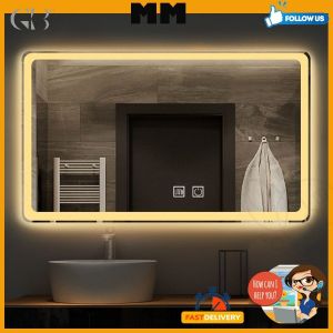 GB-STORE LED mirror with touch on off anti fog defog time temperature display vertical horizontal wall mirror