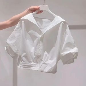 Lapel Bubble Sleeve Shirt Women Loose Fit Cropped Top