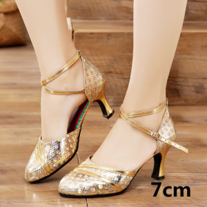 Women Latin Modern Ballroom Medium High Heel Drill Soft Soled Tango Dance Shoes
