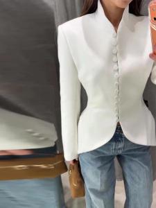 Chic Waist Cinched Womens Jacket Stand Collar Single Breasted Slim Blazer Coat Lady 2026 Spring Casual Slim Commute Outerwears2026