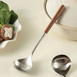 2Pcs Long Wooden Handle Soup Spoon Ladle Serving Tablespoons Stainless Steel Tableware Hot Pot Spoon