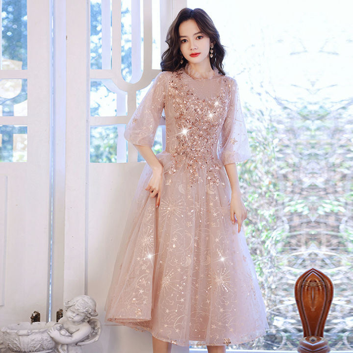 Glary Star Pink Bridesmaid Dresses Autumn Medium Length Banquet Temperament  Elegant Texture Host Birthday Dresses Evening Dresses Female | Lazada PH