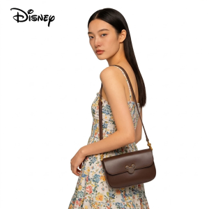 Disney Mickey Mouse Flap Crossbody Bag Retro Brown PU Leather Shoulder Bag with Mickey Head Clasp Multi-use Daily Handbag for Women