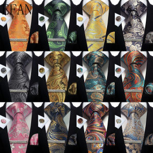 8cm Mens Tie Set Paisley Gold Gray Floral Necktie and Pocket Square Cufflinks Ties Clip Classic Formal Ties for Men Wedding Party Accessory