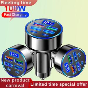 Fleeting time 100W 6-Ports USB Type-C Car Charger With Voltage Display PD Fast Charging