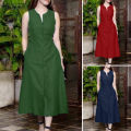ZANZEA Women's Vintage Sleeveless V-Neck Plain Midi Dresses Casual Loose Front Slit Sundress Red Dress #8. 