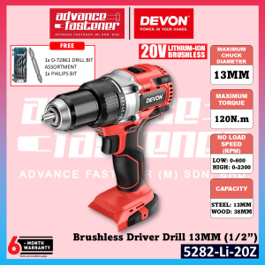 DEVON 5282-LI-20TS / 5282-LI-20Z 20V Brushless Cordless Driver Drill 13MM (1/2")