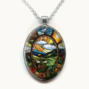Oval Shaped Glass Pendant Necklace with Sunset Field Pattern Romantic and Fashionable Jewelry