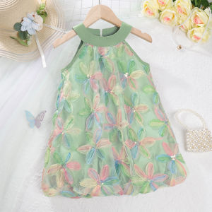 ชุดหมีผู้นำ2023ฤดูร้อนเสื้อไร้แขนพร้อมสายคล้องคอใหม่สีสันสดใสชุดตาข่ายลายดอกไม้กระโปรงซุ้มใหญ่2-7ปี