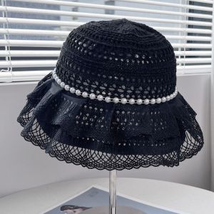 WISHAHA Pearl Decor Bucket Hat Foldable Design Hollow Knit Texture Fisherman Hat Fashionable Lightweight Material Sun Hat For Women