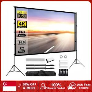 16:9 4K HD Portable 120 Inch Projection Screen with Stand and Accessories with Carry Bag for Backyard Movie Night