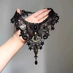 M8TT Gear Charm Lace Choker Necklace Blood Drop Black/White Skull Charm Necklace Vintage Lace Collar Drop Choker Necklace for Women
