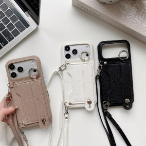 Crossbody Strap Leather Card Holder Wallet Case for iPhone 17 Pro Max 16 Slim Matte Hand Strap Wristband Kickstand Phone Cover
