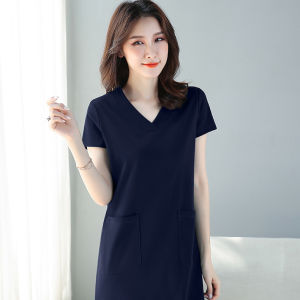 Womens V-neck Double Pocket Short Sleeved Dress Korean Version Loose Slimming Plus Size Long Skirt