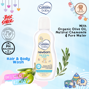 Cussons Baby Newborn Hair & Body Wash 2in1 Organic Olive Oil Sabun Bayi Baru Lahir 0% Alcohol 200ml