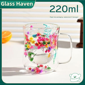 Glaven Floral Dry Flowers Cup Simple Heat Resistant Double Wall Glass Cup INS Trends High Borosilicate Glass Tea Coffee Cups 永生花双层玻璃杯 咖啡杯 防烫隔热