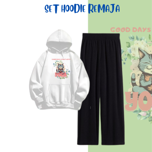 Set Hudy Dan Celana Kulot Atasan Bertundung Lengan Panjang Motif Cat Yoga