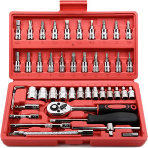 Egofine 46 Pieces 1/4 inch Drive Socket Ratchet Wrench Set with Bit Socket Set Metric and Extension Bar for Auto Repairing and Household with Storage Case