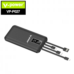 V-POWER P027 Original Powerbank 10000mAh Fast Charge with 4 Built-in Cables and 37Wh Roted Power