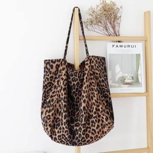 FE Korean Fashion Leopard Print Woven Handbag Casual R Flannel Large Shoulder Bag Graceful Personality Large Capacity Canvas Bag
