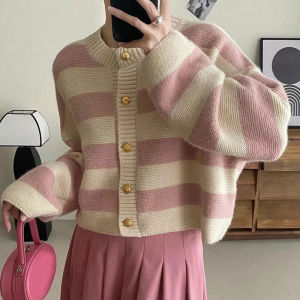 Funnyes Women Korean Retro Striped Knitted Cardigan Women Long Sleeve Button Sweater Jacket 4079