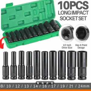 Set Kunci Impact Deep Wall Panjang 1/2 Inch dengan Extension Sleeve 8-24mm untuk MATA KUNCI SHOCK - 10 Pcs