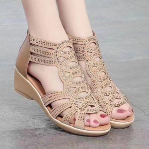[Free Shipping] Thick-Soled One-Strap New Summer Fish-Mouth Sandals With A Back Zipper And Hollow Design Versatile WomenS Shoes With A Wedge Heel