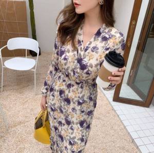 LuvHanger - Dress Bunga Wanita Midi Dress Panjang Model Lengan Panjang Leher V Neck Warna Putih Kekuningan Dress Korea / Dress Floral / Dress Import