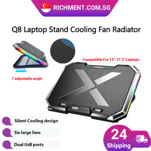 【✅SG Brand🔥】RICHMENT Q8 ICE COOREL Laptop Cooling Pad with 6 Cooling Fans Cooling Pad for Laptop Fan 12-17.3 Inch Laptop Cooler Stand with 6 Height Adjustable Notebook Cooler Pad with Two USB Port