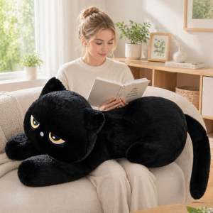New Lovely Black Cat Plush Pillow Soft Stuffed Lying Cat Cushion Cute Sleeping Cat Design Kawaii Birthday Gift 60cm 90cm h260825
