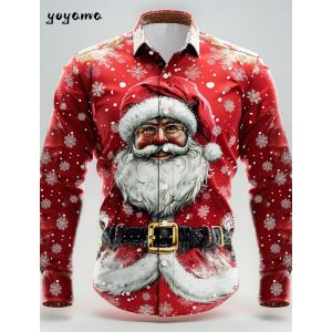 Christmas Theme Fashion Mens Casual Long Sleeve Shirt Breathable Tops Santa Claus Themed Stylish Pattern Full Clothes for Mans