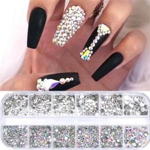 DORISNA 12 Grids Clear Mixed Style Nail Art Rhinestones Crystal 3D Glitter Non Hotfix Diamond Decoration Nail Art Accessories