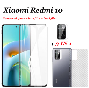 (3in1) Suitable for Xiaomi Redmi 10 Tempered Glass Film + Carbon Fiber Back Film + Camera Lens Film Xiaomi Redmi 10 2021 Tempered Glass