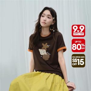 Giordano Women 100% cotton sea life applique embroidery tee Free Shipping 18326818