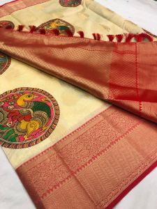[READY STOCK]BEAUTIFUL KALMKARI TISSUE WEAVING BANARASI SAREES WITH NICE GOLD ZARI BUTTIE RICH TISSUE WEAVING PALLU WITH CONTRAST MATCHING BLOUSE