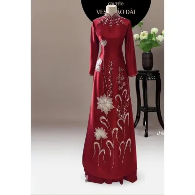 Áo Dài Truyền Thống Lụa Ruby Đính Đá Hoa Lá Sang Trọng - Áo Dài Cưới Hỏi Lễ Tết- Mieso Store