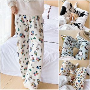 HEALMEYOU Pochacoo Flannel Pajama Pants Bear Crayon Shin Chan Winter Thick Pajamas Nightdress Plush Fleece Kitty Cat Pants Winter