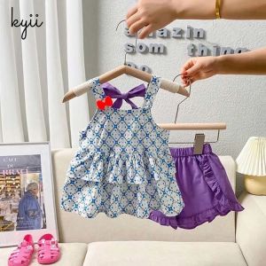 kyiibaby Girls summer suit fashion girls baby fashionable sleeve clothes children Korean shorts two pieces kybb035