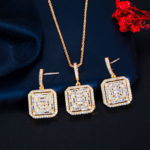 SEQUITO Lady Delicate Jewellery Set Party Arab Gold Plated Zirconia Hollow Square Drop Earrings Necklace Birthday Gift SJ190