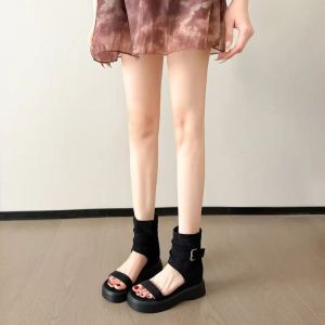 [Free Shipping] 2026 Summer New Korean Style Height-Increasing Roman Sandals For Women One-Strap Thick-Soled Open-Toe High-Top Sandals For Petite Women