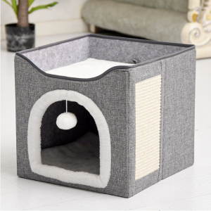 Lovinland Cat Tree Bed with Scratching Board Four Season Pet Cats Furniture Winter Warm Cat House 3 Tier Pet Cave Foldable Bed for Indoor Kittens Shelter Nest