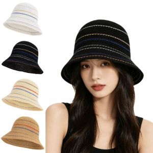 LUSIT Sọc phối màu Mũ len đan rỗng kiểu ngư dân Phong cách cổ điển Đan thủ công Mũ chống nắng thoáng khí Tính khí Màu đơn sắc Mũ xô che nắng Bãi biển