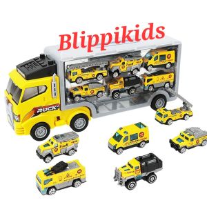 Đồ chơi Xe tải chở 6 xe ô tô: Xe Công trình / Xe Cảnh sát Police / Xe Quân đội / Xe Cứu hỏa chữa cháy